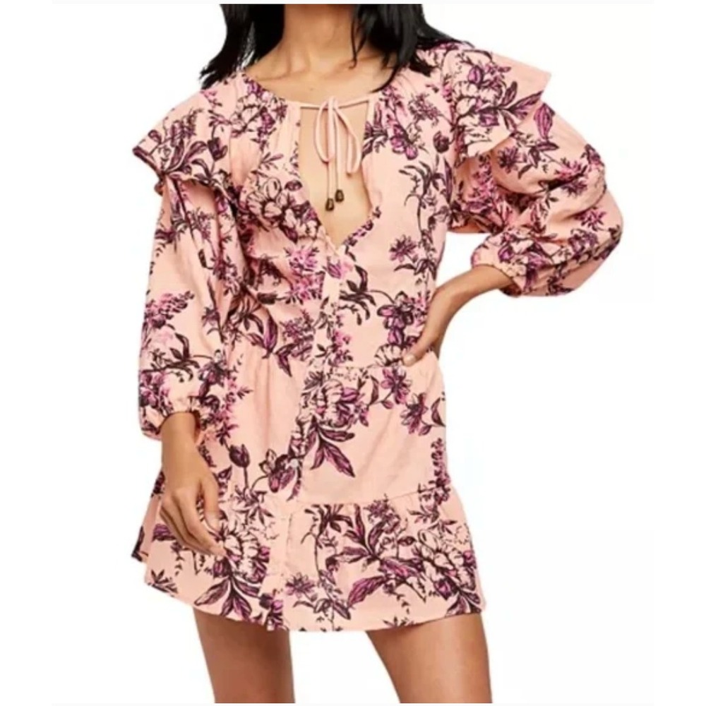 Free People Sunbaked Swing Dress Womens Small Peach Long Sleeve Ruffle New